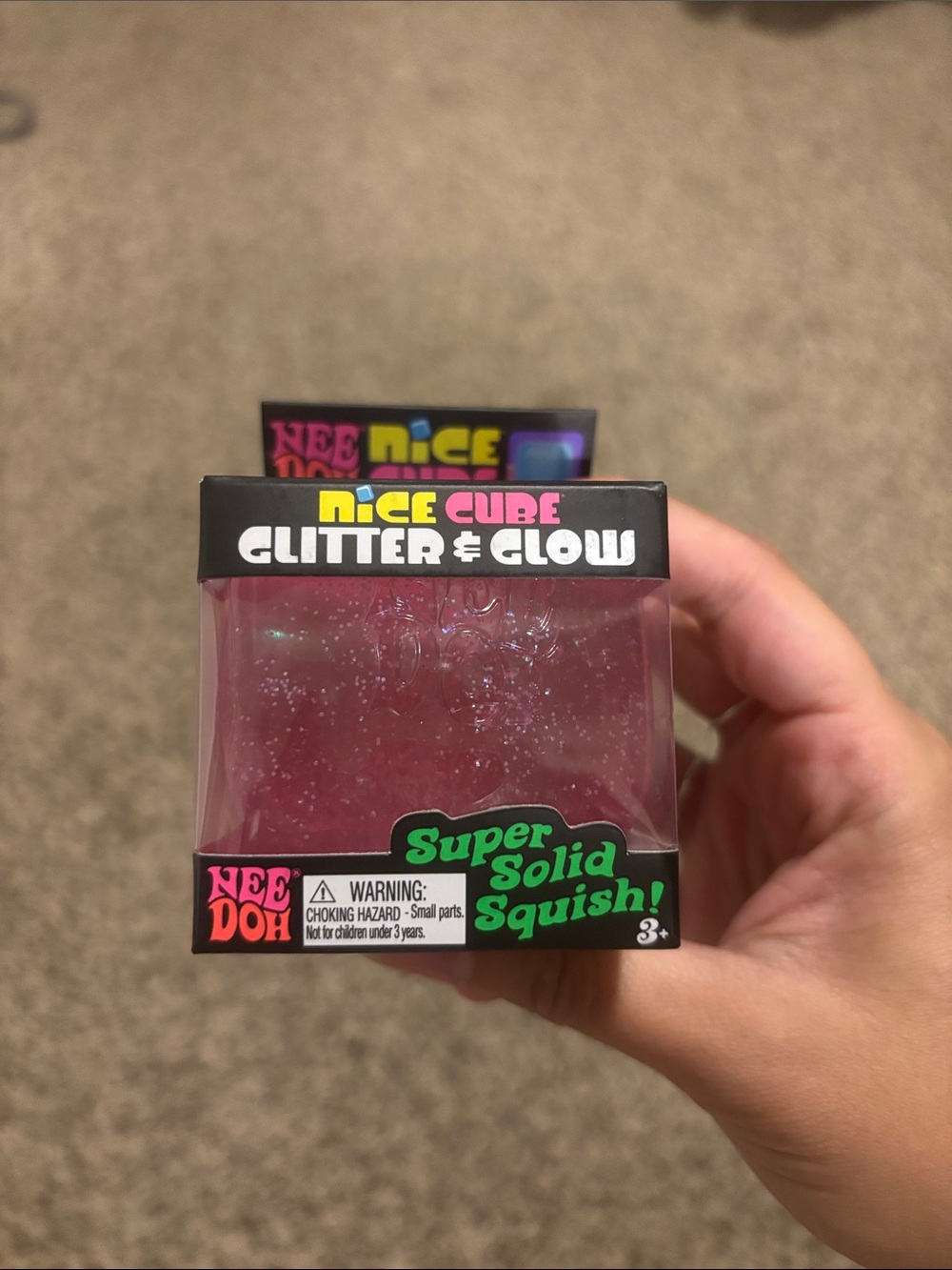 NWTs NEEDOH Nice Cube Glitter & Glow Super Solid Squish - Pink Glitter Cube